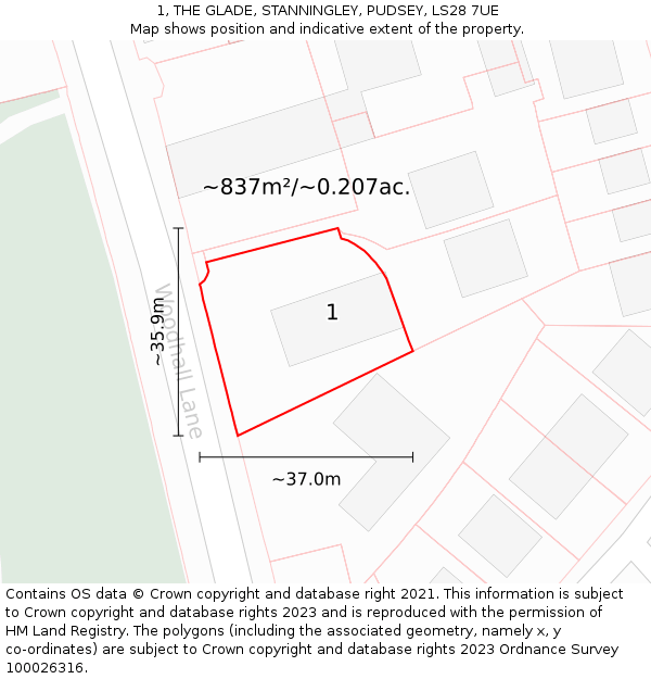 1, THE GLADE, STANNINGLEY, PUDSEY, LS28 7UE: Plot and title map