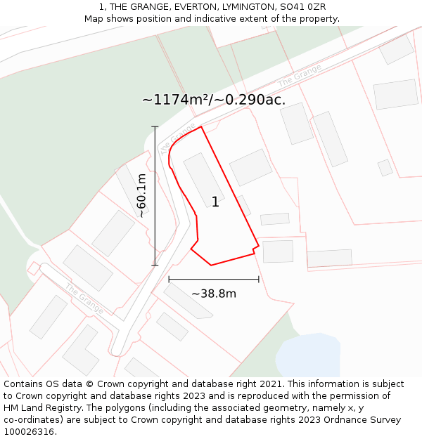 1, THE GRANGE, EVERTON, LYMINGTON, SO41 0ZR: Plot and title map