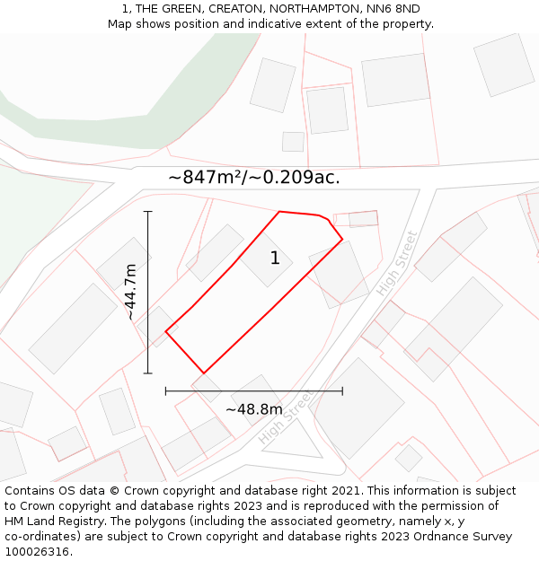 1, THE GREEN, CREATON, NORTHAMPTON, NN6 8ND: Plot and title map