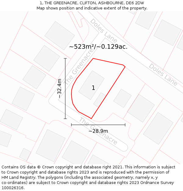 1, THE GREENACRE, CLIFTON, ASHBOURNE, DE6 2DW: Plot and title map