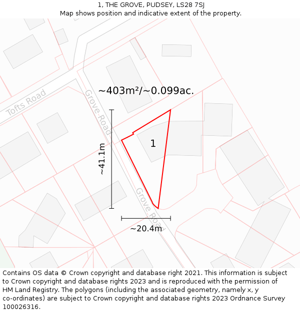 1, THE GROVE, PUDSEY, LS28 7SJ: Plot and title map