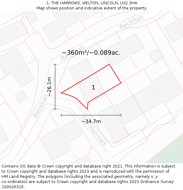 1, THE HARROWS, WELTON, LINCOLN, LN2 3HA: Plot and title map