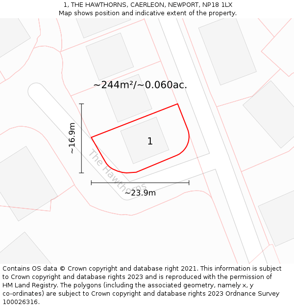 1, THE HAWTHORNS, CAERLEON, NEWPORT, NP18 1LX: Plot and title map