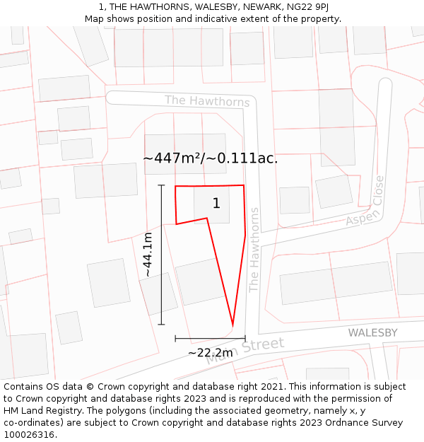 1, THE HAWTHORNS, WALESBY, NEWARK, NG22 9PJ: Plot and title map