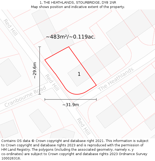 1, THE HEATHLANDS, STOURBRIDGE, DY8 1NR: Plot and title map