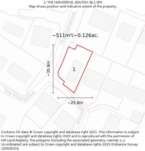 1, THE HIGHGROVE, BOLTON, BL1 5PX: Plot and title map