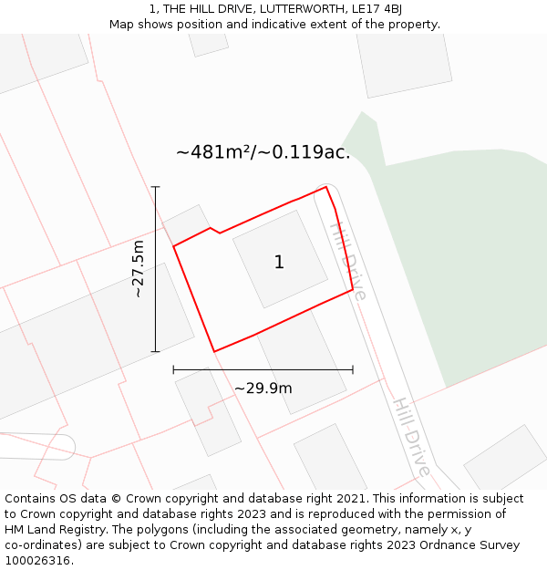 1, THE HILL DRIVE, LUTTERWORTH, LE17 4BJ: Plot and title map