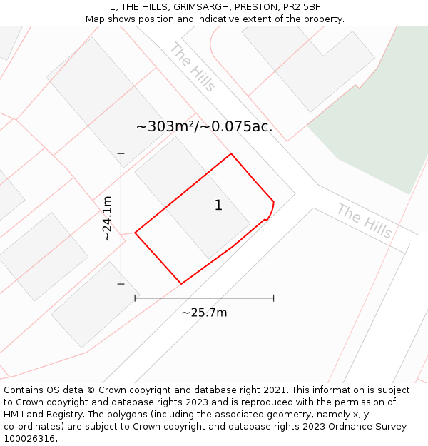 1, THE HILLS, GRIMSARGH, PRESTON, PR2 5BF: Plot and title map