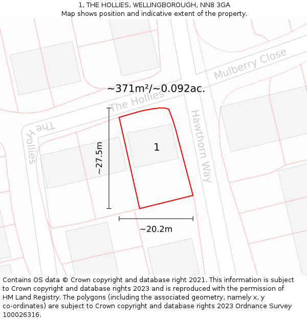 1, THE HOLLIES, WELLINGBOROUGH, NN8 3GA: Plot and title map