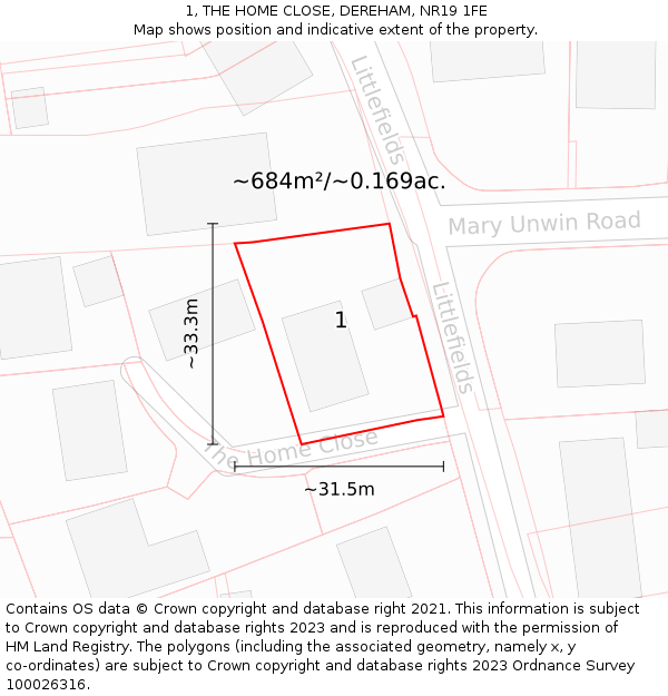 1, THE HOME CLOSE, DEREHAM, NR19 1FE: Plot and title map