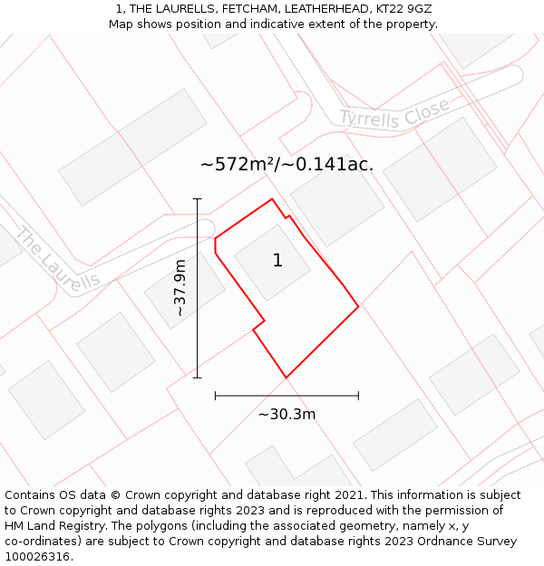 1, THE LAURELLS, FETCHAM, LEATHERHEAD, KT22 9GZ: Plot and title map