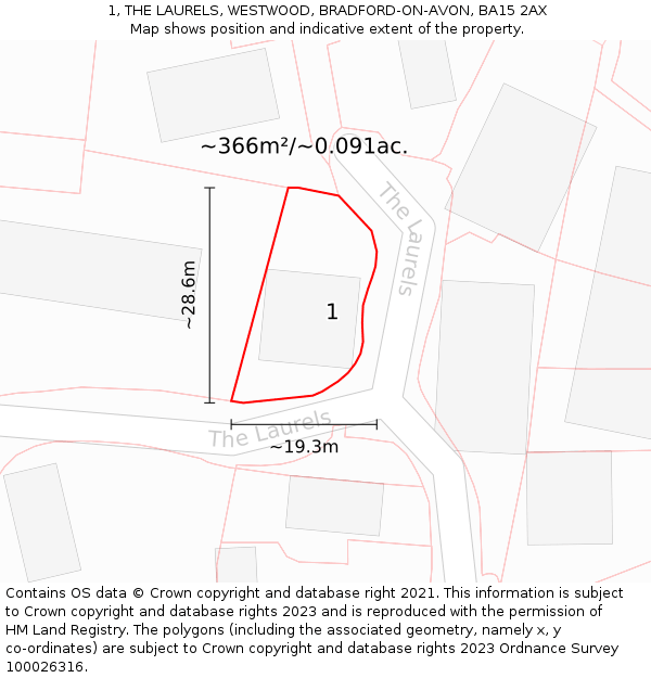 1, THE LAURELS, WESTWOOD, BRADFORD-ON-AVON, BA15 2AX: Plot and title map