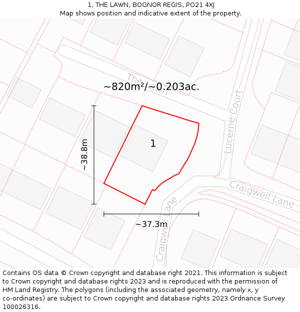 1, THE LAWN, BOGNOR REGIS, PO21 4XJ: Plot and title map