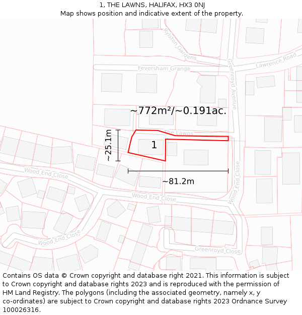 1, THE LAWNS, HALIFAX, HX3 0NJ: Plot and title map