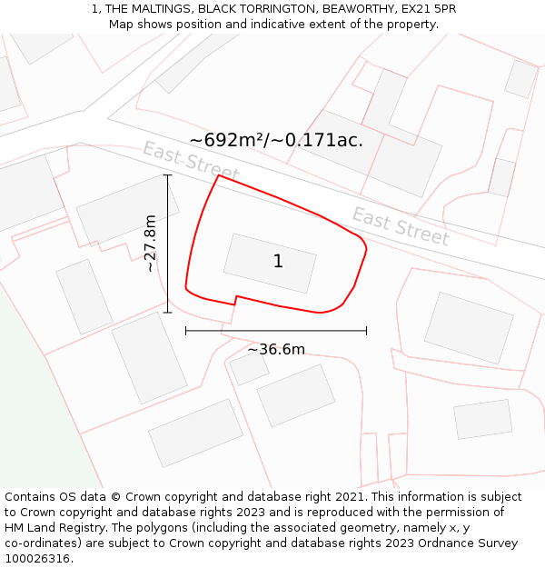 1, THE MALTINGS, BLACK TORRINGTON, BEAWORTHY, EX21 5PR: Plot and title map