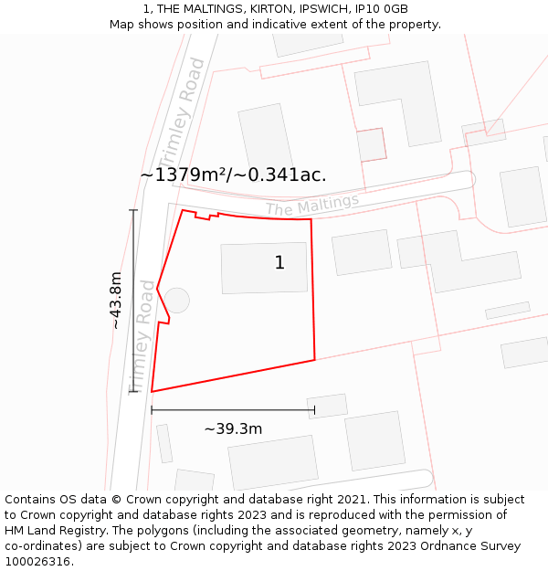 1, THE MALTINGS, KIRTON, IPSWICH, IP10 0GB: Plot and title map