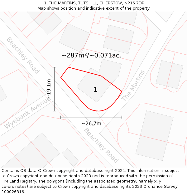 1, THE MARTINS, TUTSHILL, CHEPSTOW, NP16 7DP: Plot and title map