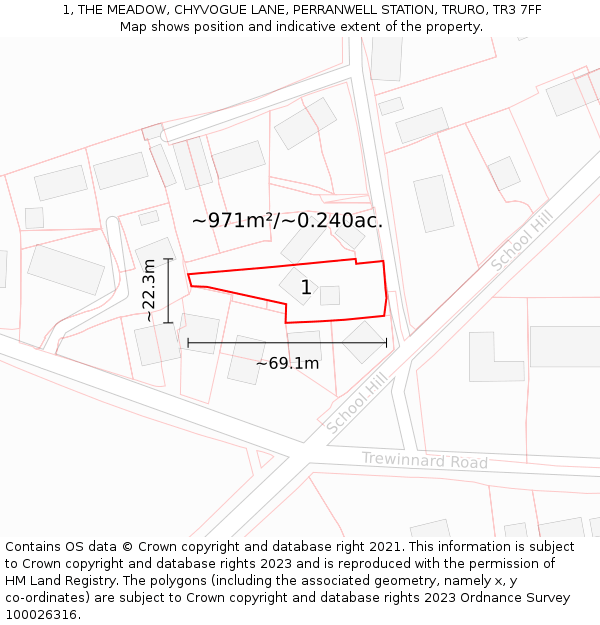 1, THE MEADOW, CHYVOGUE LANE, PERRANWELL STATION, TRURO, TR3 7FF: Plot and title map