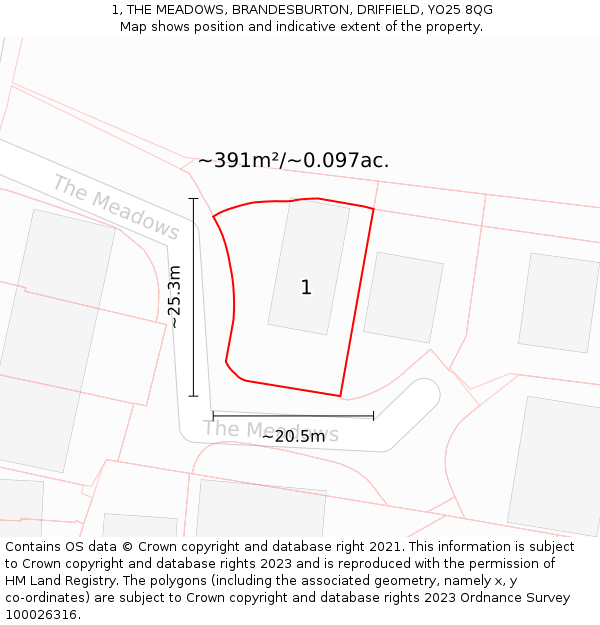 1, THE MEADOWS, BRANDESBURTON, DRIFFIELD, YO25 8QG: Plot and title map