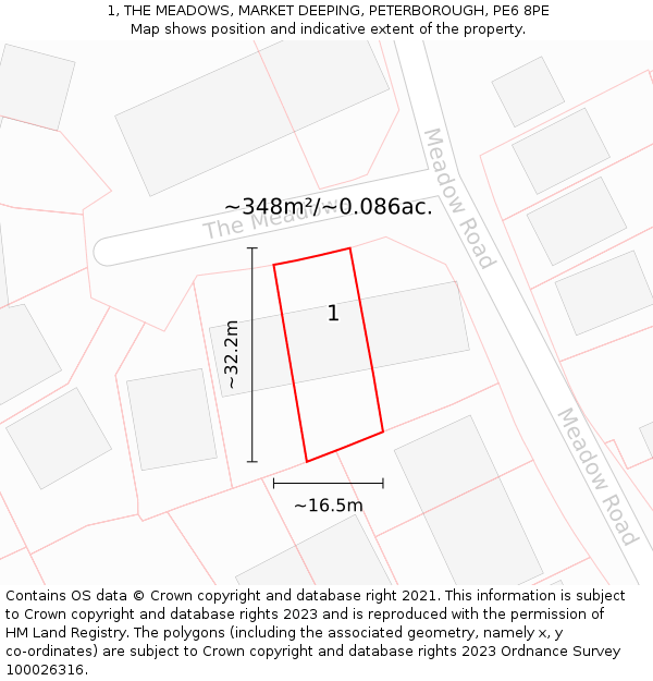 1, THE MEADOWS, MARKET DEEPING, PETERBOROUGH, PE6 8PE: Plot and title map