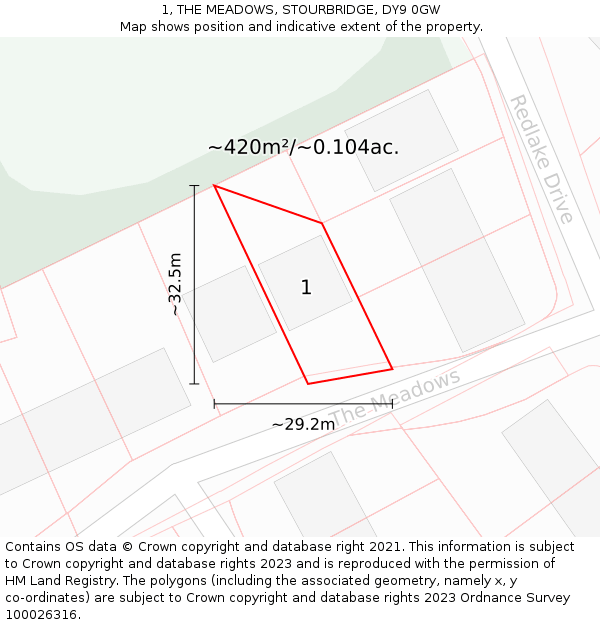 1, THE MEADOWS, STOURBRIDGE, DY9 0GW: Plot and title map