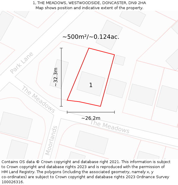 1, THE MEADOWS, WESTWOODSIDE, DONCASTER, DN9 2HA: Plot and title map