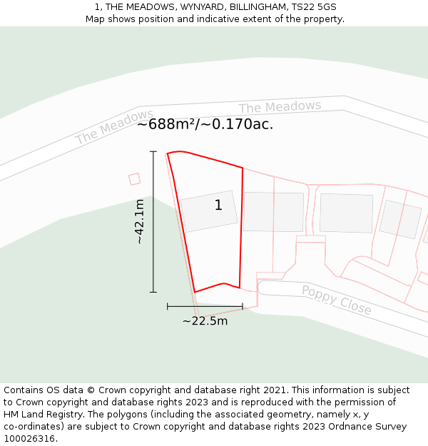 1, THE MEADOWS, WYNYARD, BILLINGHAM, TS22 5GS: Plot and title map