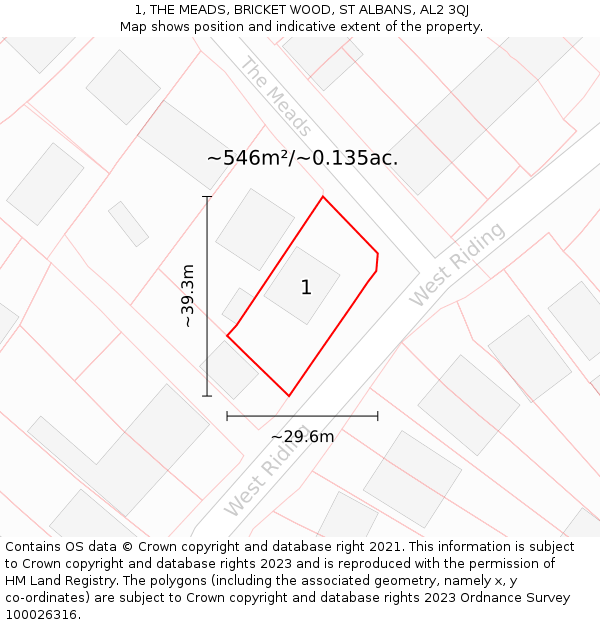 1, THE MEADS, BRICKET WOOD, ST ALBANS, AL2 3QJ: Plot and title map