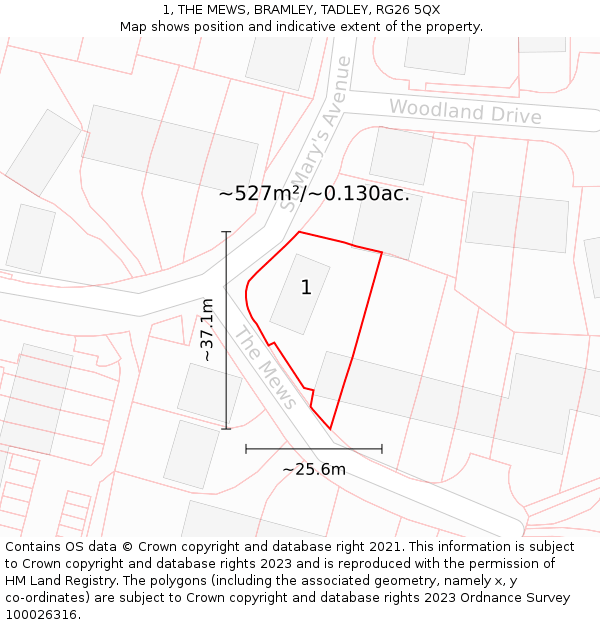 1, THE MEWS, BRAMLEY, TADLEY, RG26 5QX: Plot and title map