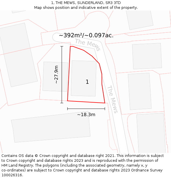 1, THE MEWS, SUNDERLAND, SR3 3TD: Plot and title map