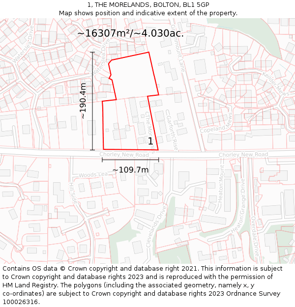 1, THE MORELANDS, BOLTON, BL1 5GP: Plot and title map