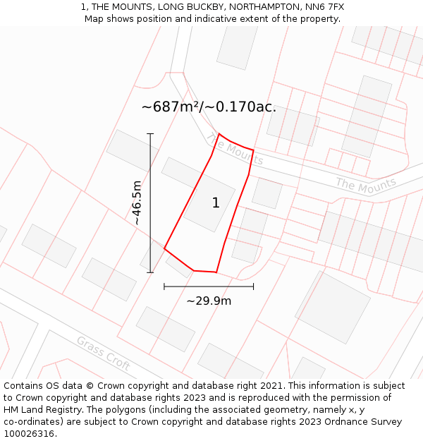 1, THE MOUNTS, LONG BUCKBY, NORTHAMPTON, NN6 7FX: Plot and title map