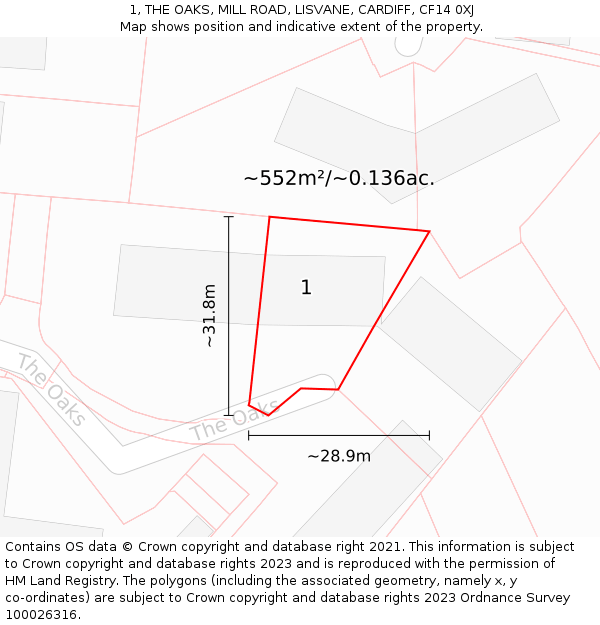 1, THE OAKS, MILL ROAD, LISVANE, CARDIFF, CF14 0XJ: Plot and title map