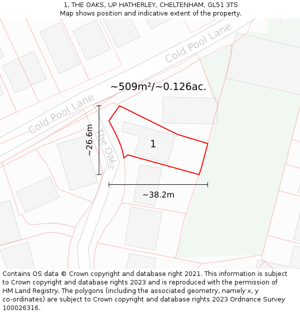 1, THE OAKS, UP HATHERLEY, CHELTENHAM, GL51 3TS: Plot and title map