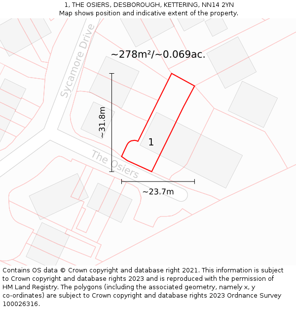 1, THE OSIERS, DESBOROUGH, KETTERING, NN14 2YN: Plot and title map