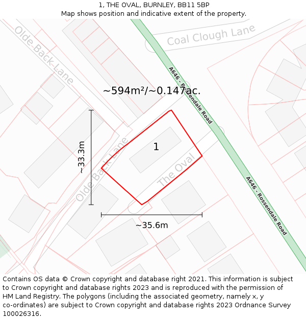 1, THE OVAL, BURNLEY, BB11 5BP: Plot and title map