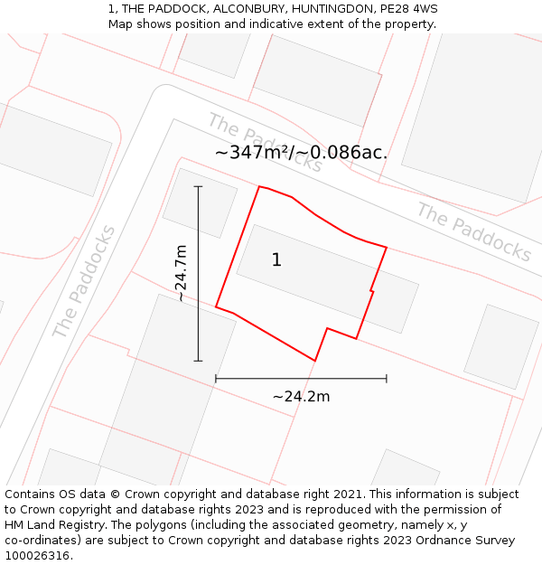 1, THE PADDOCK, ALCONBURY, HUNTINGDON, PE28 4WS: Plot and title map