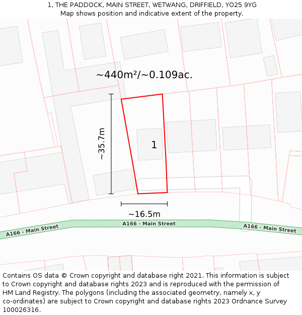 1, THE PADDOCK, MAIN STREET, WETWANG, DRIFFIELD, YO25 9YG: Plot and title map