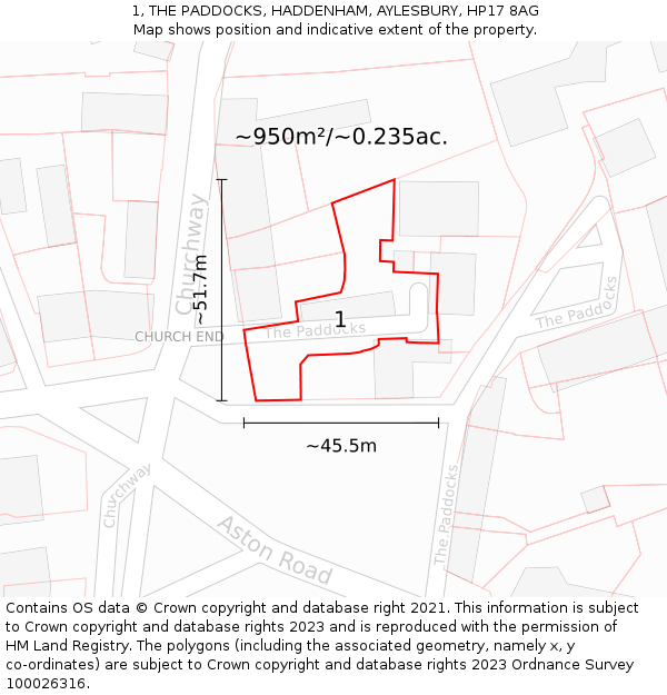 1, THE PADDOCKS, HADDENHAM, AYLESBURY, HP17 8AG: Plot and title map