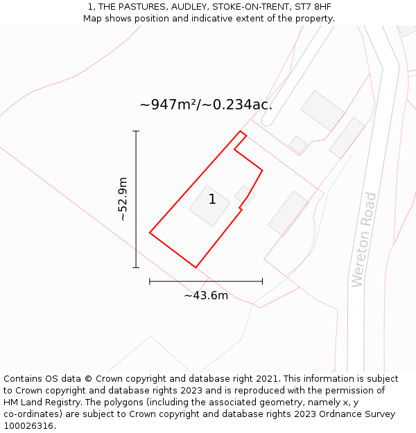 1, THE PASTURES, AUDLEY, STOKE-ON-TRENT, ST7 8HF: Plot and title map