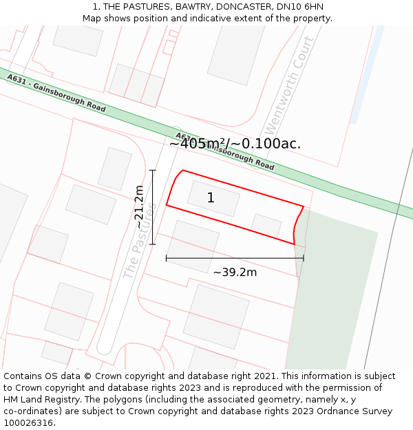 1, THE PASTURES, BAWTRY, DONCASTER, DN10 6HN: Plot and title map