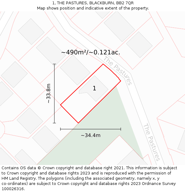 1, THE PASTURES, BLACKBURN, BB2 7QR: Plot and title map