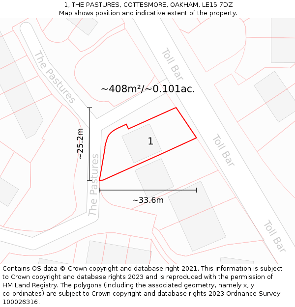 1, THE PASTURES, COTTESMORE, OAKHAM, LE15 7DZ: Plot and title map