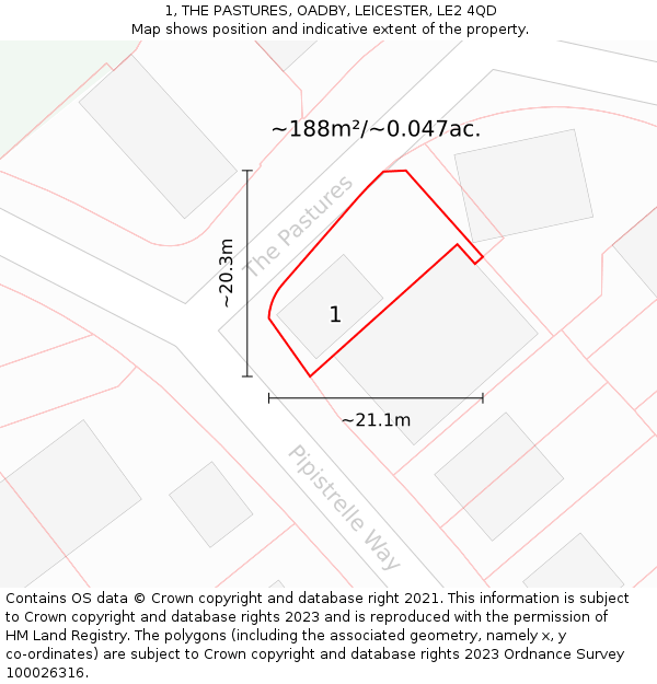 1, THE PASTURES, OADBY, LEICESTER, LE2 4QD: Plot and title map