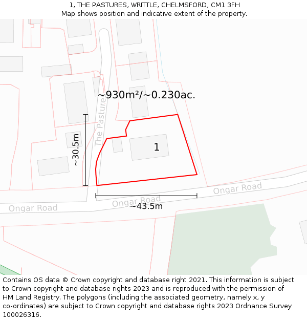 1, THE PASTURES, WRITTLE, CHELMSFORD, CM1 3FH: Plot and title map