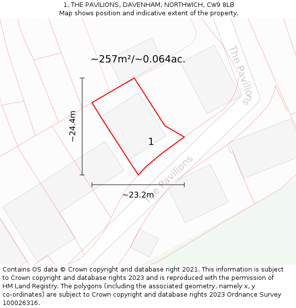 1, THE PAVILIONS, DAVENHAM, NORTHWICH, CW9 8LB: Plot and title map