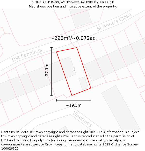 1, THE PENNINGS, WENDOVER, AYLESBURY, HP22 6JE: Plot and title map