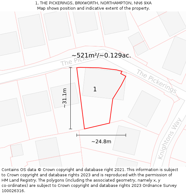 1, THE PICKERINGS, BRIXWORTH, NORTHAMPTON, NN6 9XA: Plot and title map