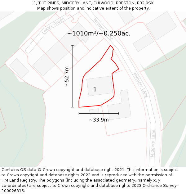 1, THE PINES, MIDGERY LANE, FULWOOD, PRESTON, PR2 9SX: Plot and title map