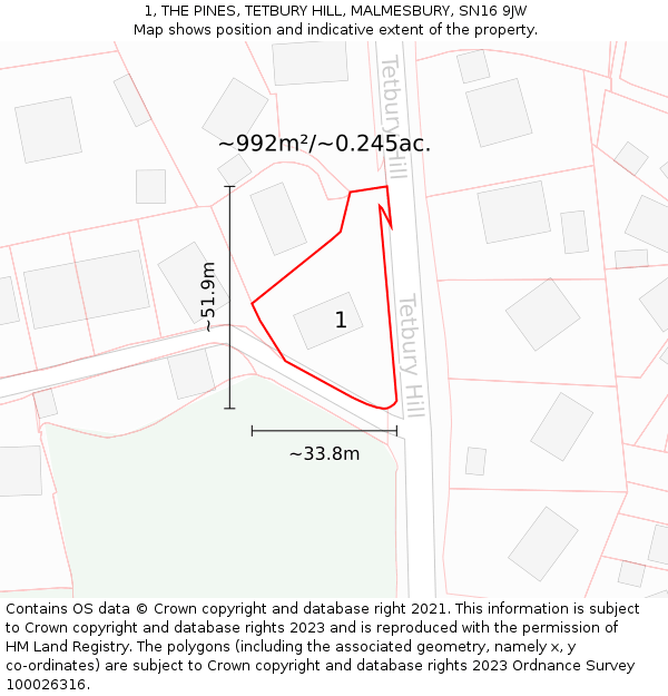 1, THE PINES, TETBURY HILL, MALMESBURY, SN16 9JW: Plot and title map